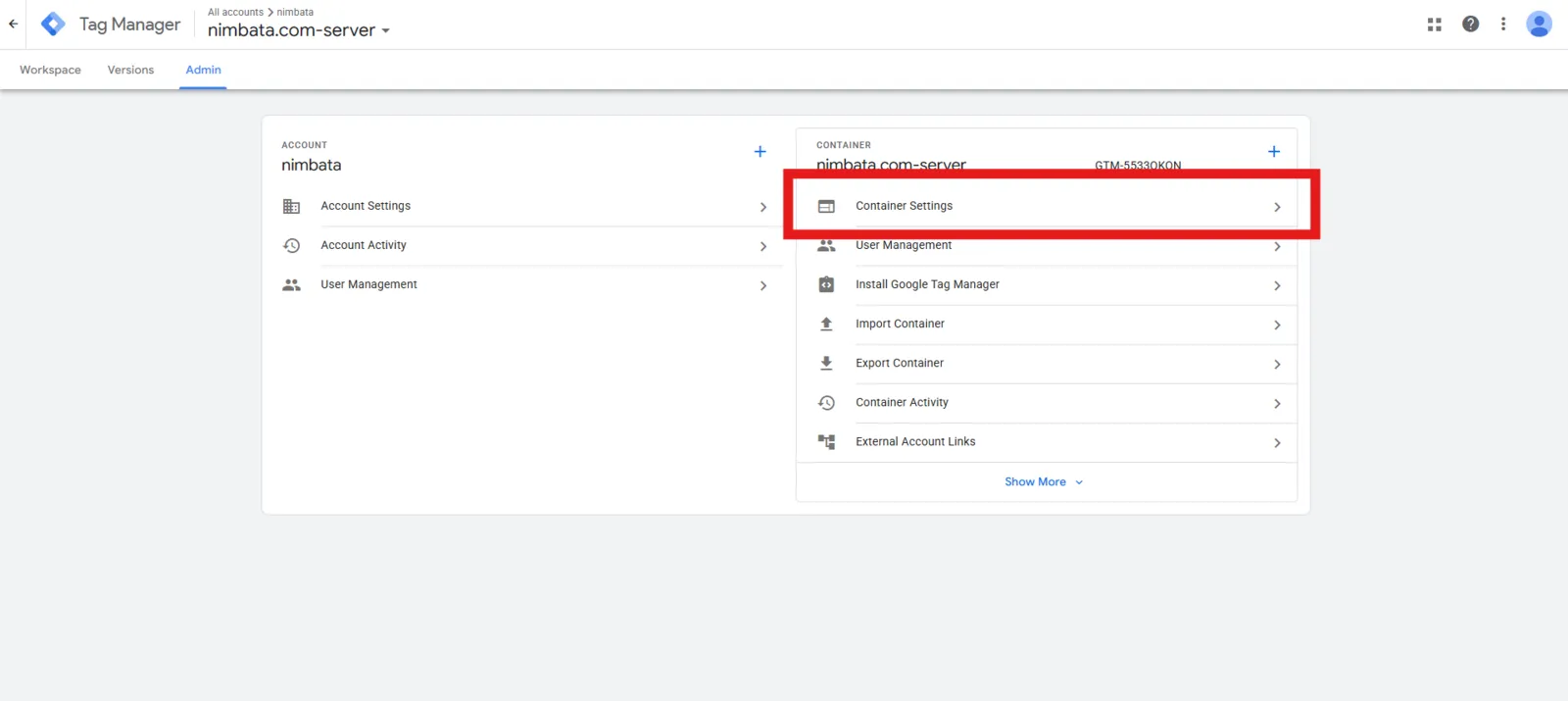 The Tag Manager Admin tab of a server container, with Container Settings marked.