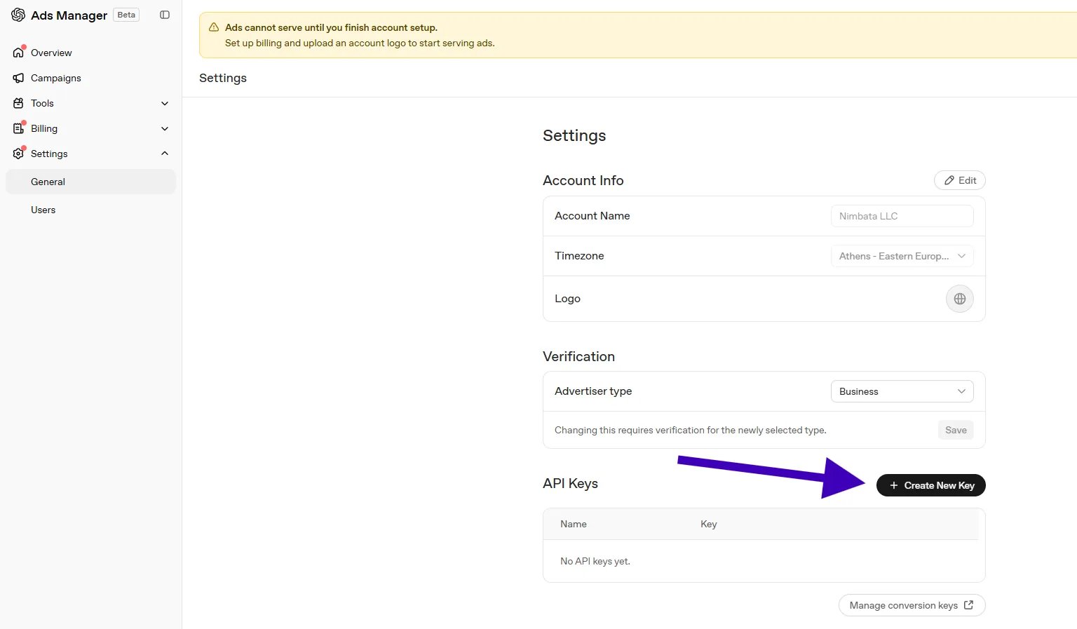 OpenAI Ads Manager Settings > General, with the Create New Key button under API Keys marked.