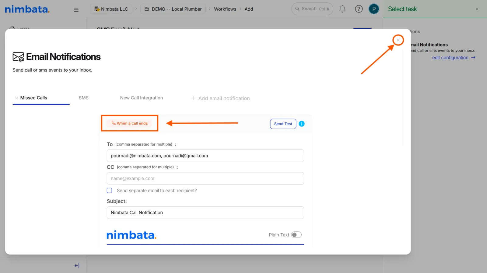 The Email Notifications pop-up with the orange When a call ends trigger button and the Γ close button marked.