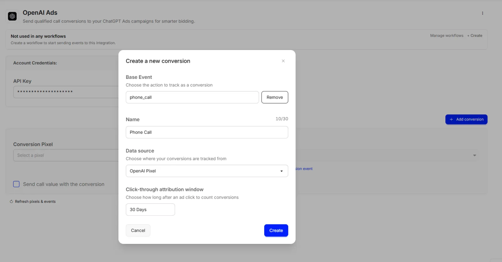 The Create a new conversion dialog with Base Event phone_call, Name Phone Call, Data source OpenAI Pixel, a 30-day click-through attribution window, and Create.