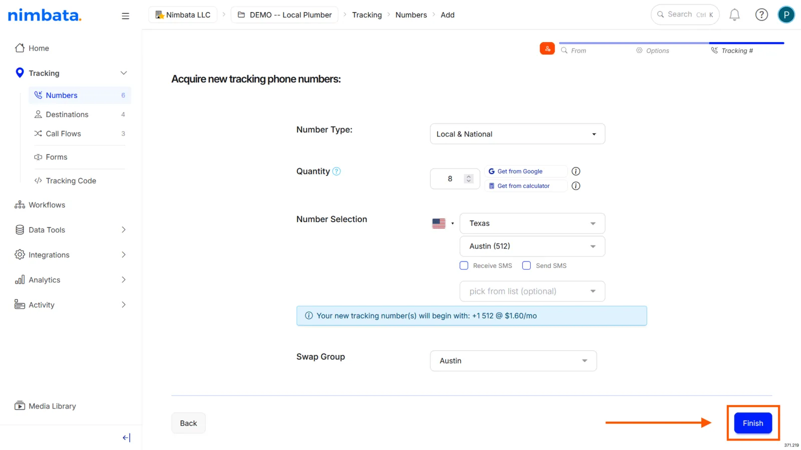 Choose your prefix (State/City for US; City for EU/UK/AU), select the numbers you want from the list, and click Finish.