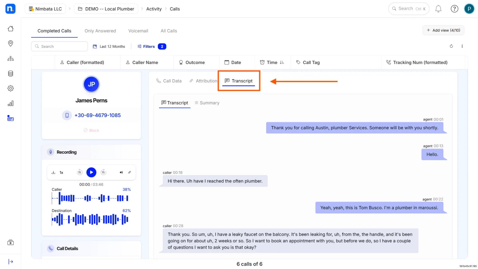 An expanded call with the Transcript tab marked, showing the conversation.
