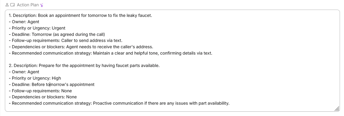 The Action Plan field of a call: two tasks, each with description, owner, priority or urgency, deadline, follow-up requirements, dependencies or blockers, and recommended communication strategy.