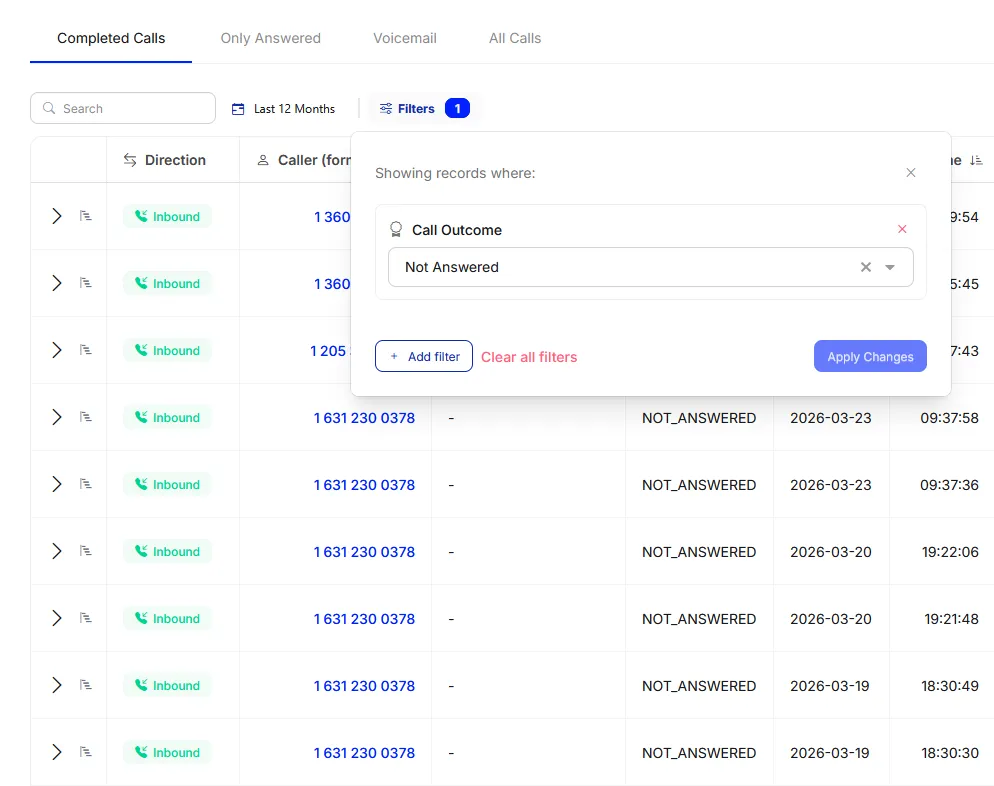 The Filters panel on Completed Calls with a Call Outcome filter set to Not Answered.