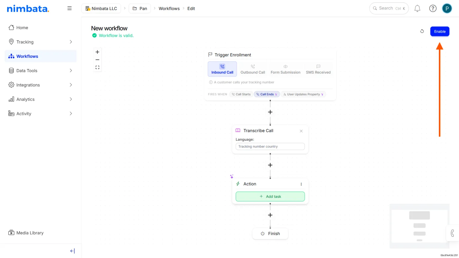 The workflow with a Transcribe Call block below the Inbound Call, Call Ends trigger, and the Enable button marked in the top-right corner.