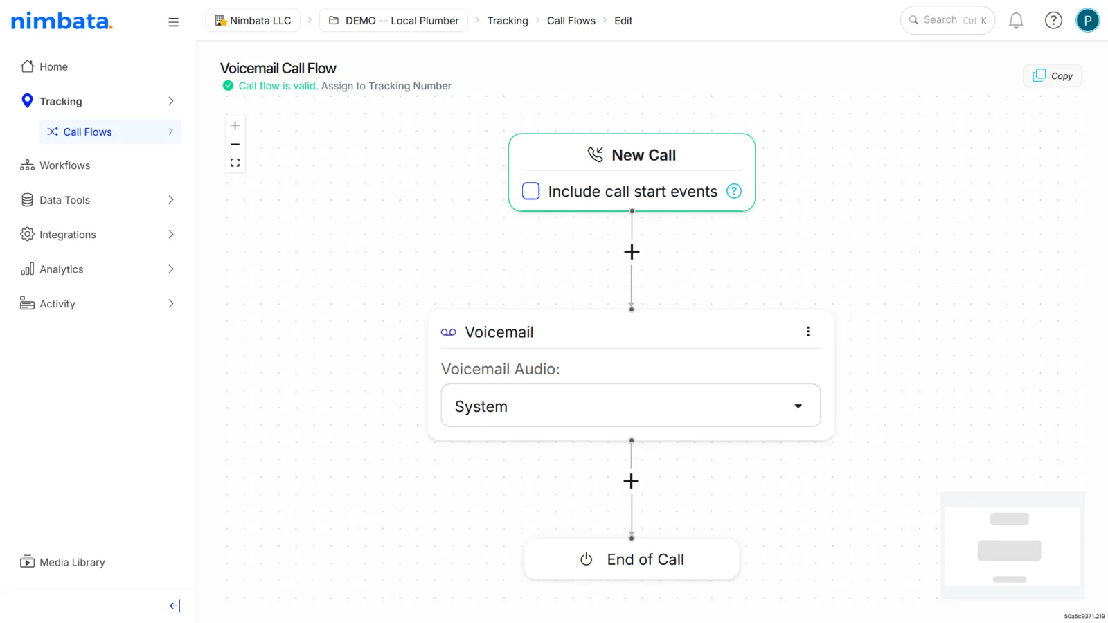 The Voicemail Call Flow created from the template: New Call, a Voicemail block with Voicemail Audio set to System, then End of Call.