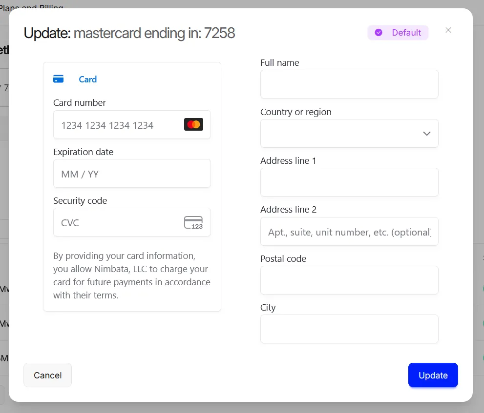 The Update payment method pop-up for a Mastercard, with card number, expiration date, security code, name and address fields, and Update.