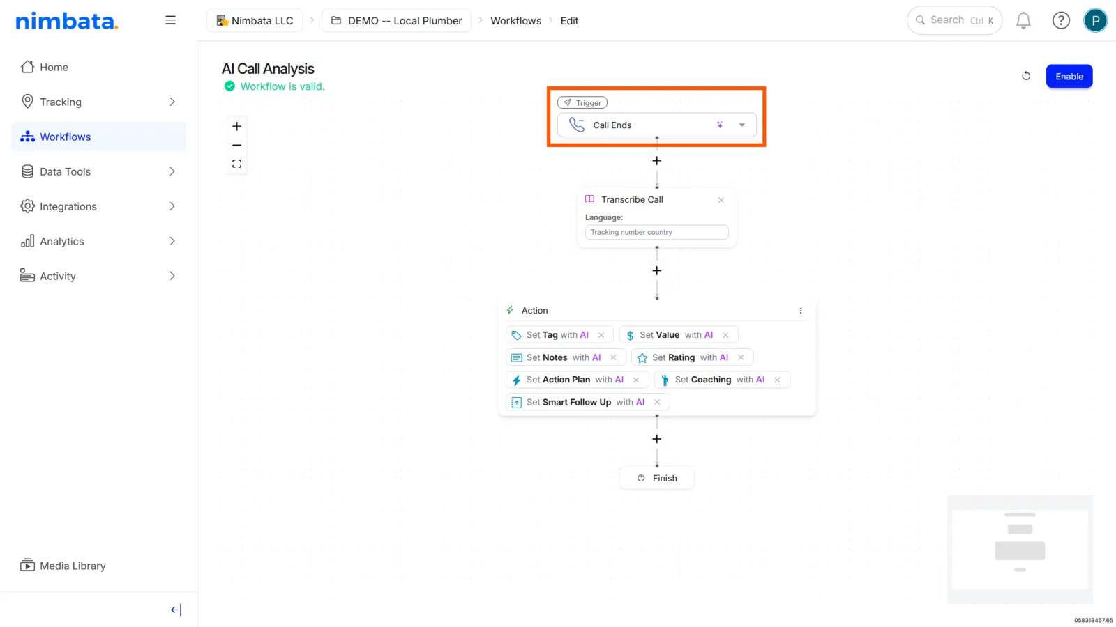 The AI Call Analysis workflow with the Call Ends trigger marked, a Transcribe Call block, and seven Set โฆ with AI actions: Tag, Value, Notes, Rating, Action Plan, Coaching and Smart Follow Up.