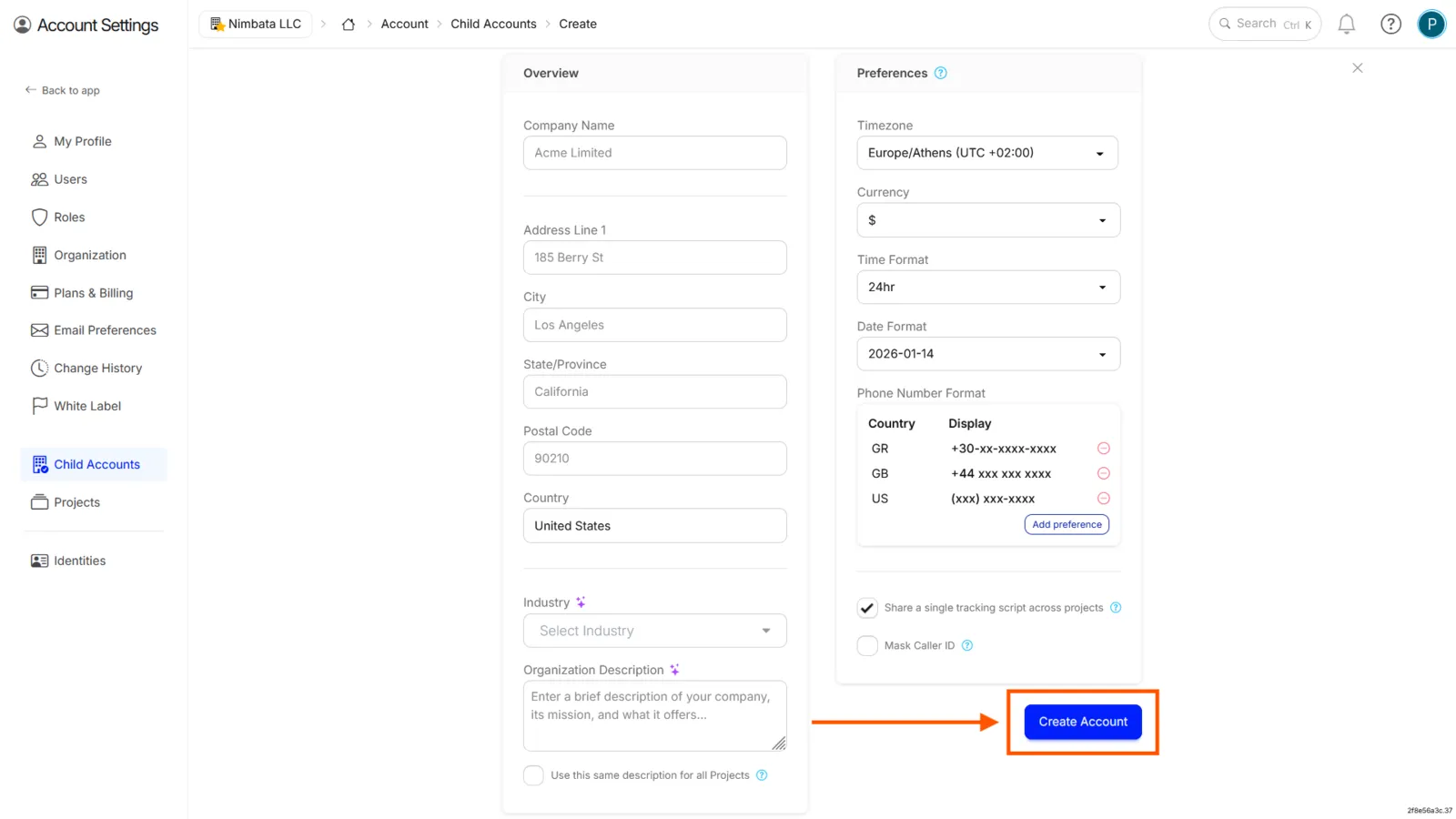 The Create child account form with Overview (company name and address) and Preferences, and Create Account marked.