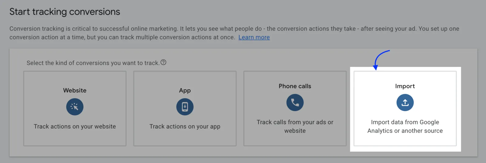 The Start tracking conversions screen with the Import option highlighted.