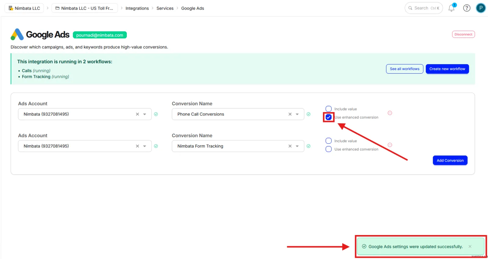 The Google Ads integration with Use enhanced conversion checked on the Phone Call Conversions row and the “Google Ads settings were updated successfully.” message.