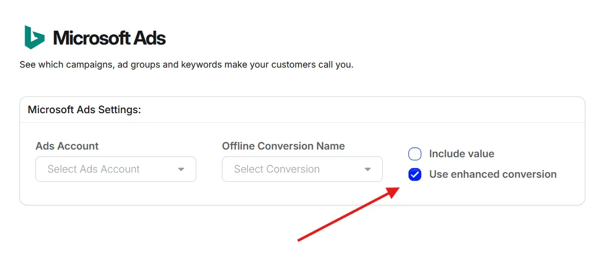 Microsoft Ads Settings with Use enhanced conversion checked.