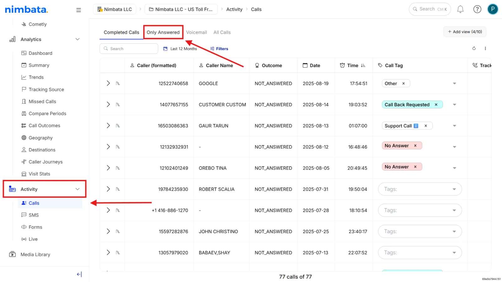 Activity > Calls with the Only Answered view tab marked above the call list.