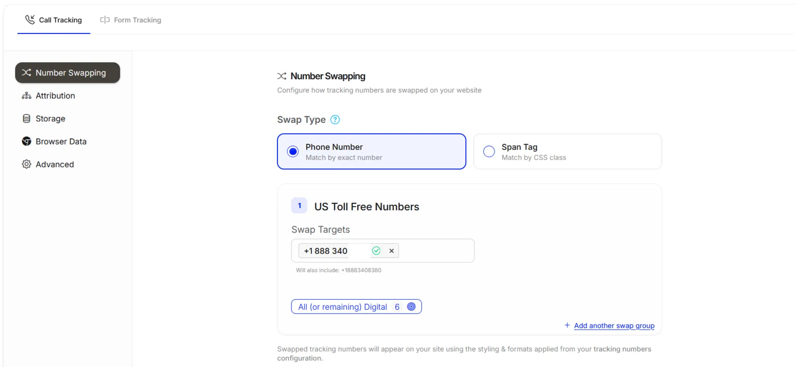 The Number Swapping settings in Tracking > Tracking Code, with the Phone Number swap type selected and the swap target +1 888 340 in the US Toll Free Numbers swap group.