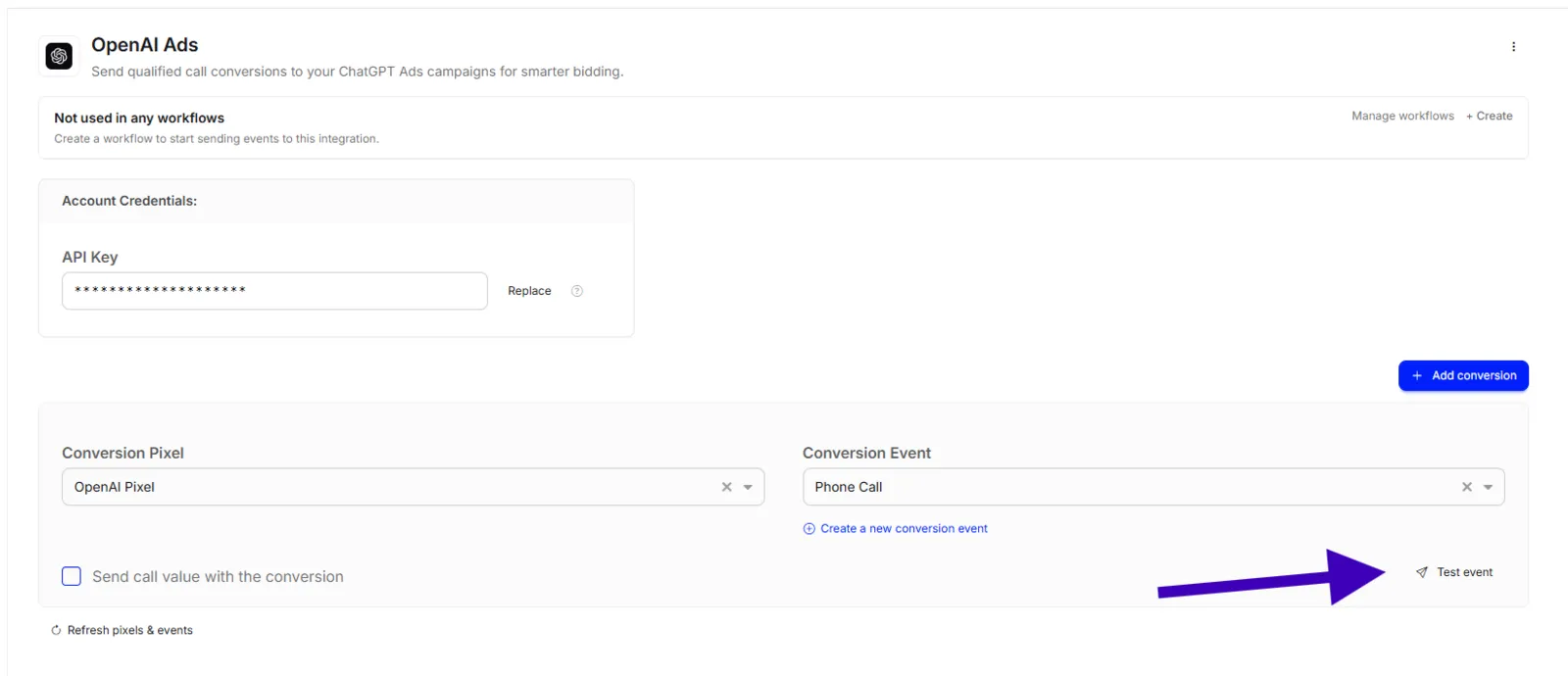 The OpenAI Ads integration with Phone Call as the Conversion Event and the Test event link marked.