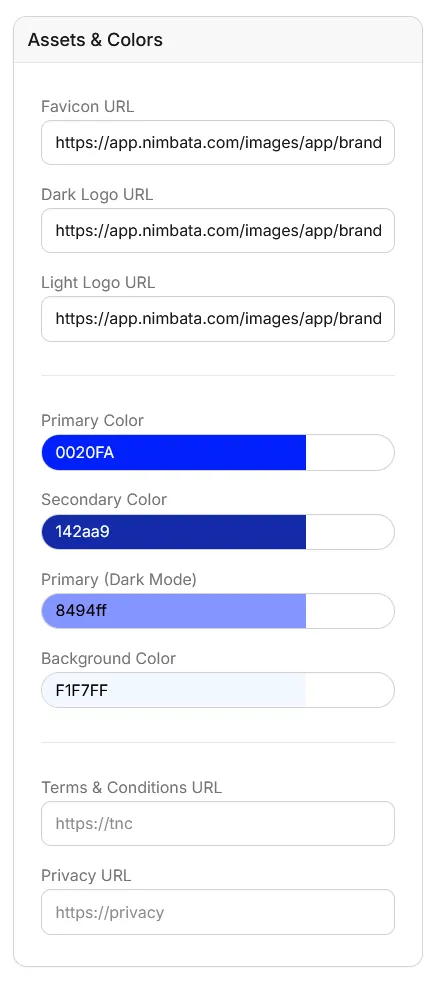 The Assets & Colors panel with the favicon and logo URLs, the primary, secondary, dark mode primary and background colors, and the terms and privacy URLs.