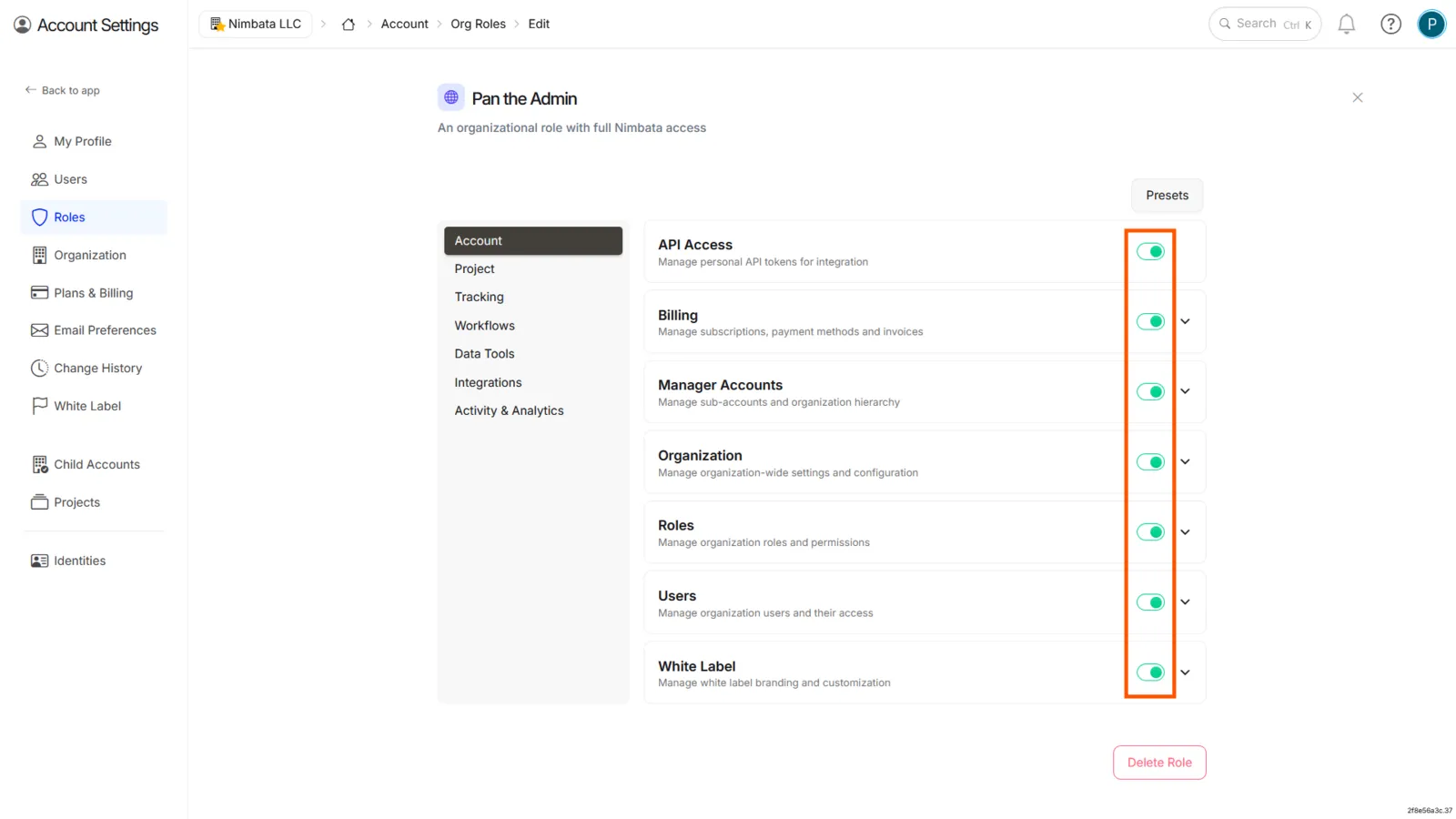 An organization role’s Account permissions (API Access, Billing, Manager Accounts, Organization, Roles, Users, White Label) with every switch on, and the Presets button above them.
