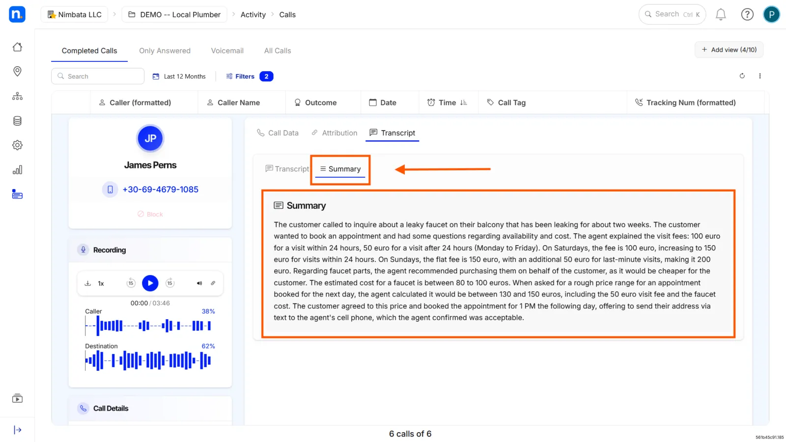 The expanded call on the Summary tab, with the AI-generated summary marked.