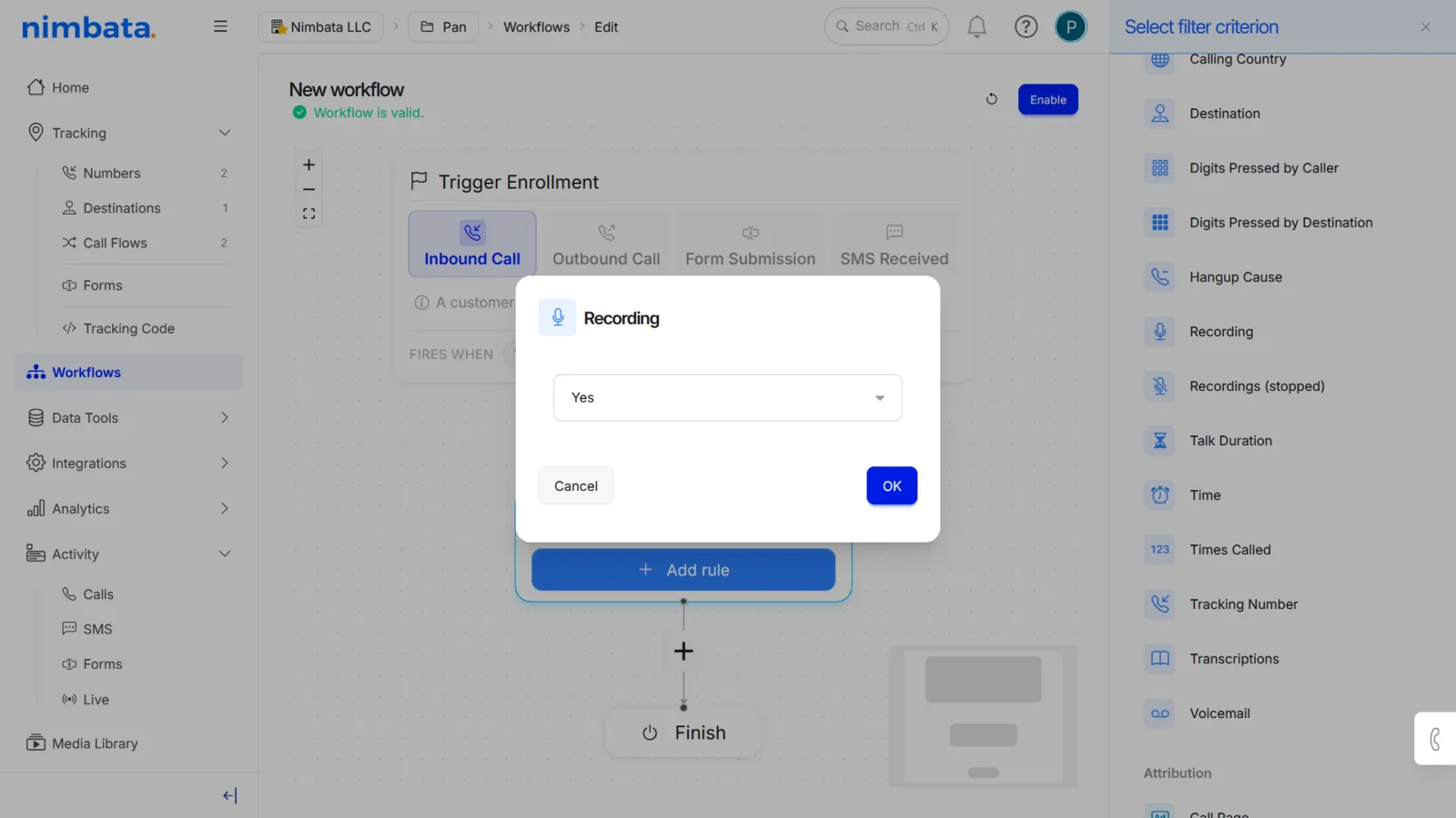 The Recording filter dialog set to Yes, with OK, over the Select filter criterion panel.