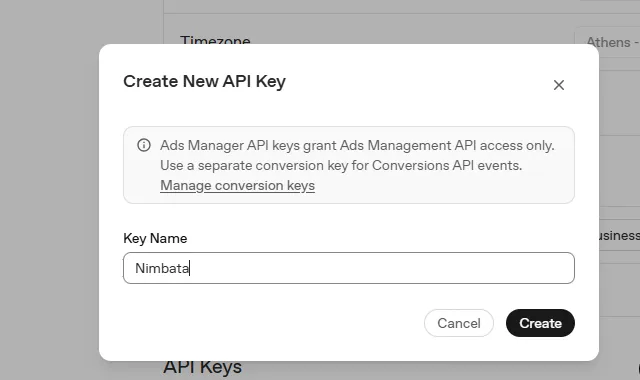 The Create New API Key dialog with the Key Name Nimbata and Create.