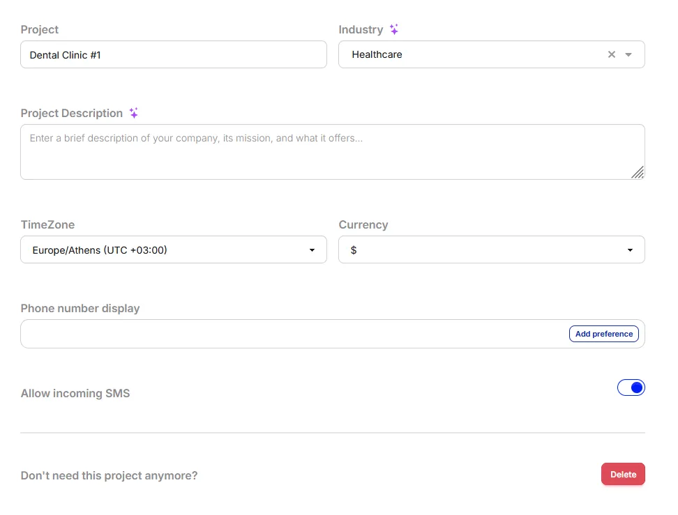 A project’s settings with Project, Industry, Project Description, TimeZone, Currency, Phone number display and Add preference, Allow incoming SMS, and Delete.