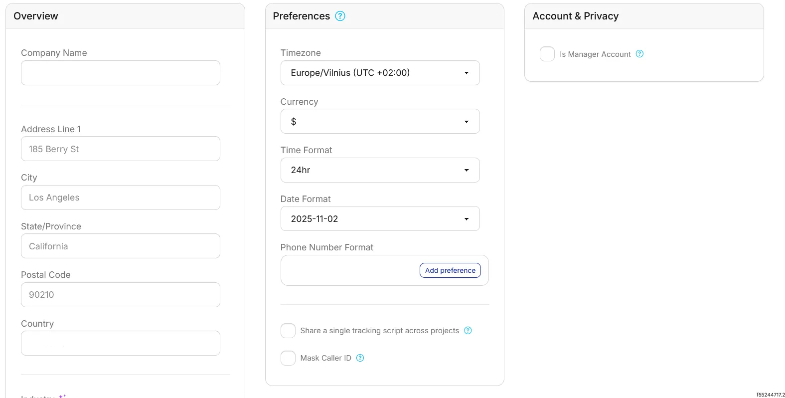 The Organization settings with the Overview (company name and address), Preferences (timezone, currency, time, date and phone number formats) and Account & Privacy panels.