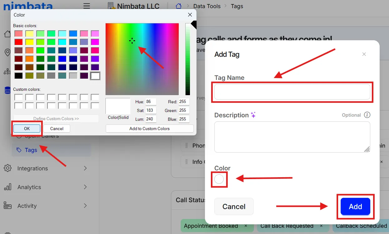 The Add Tag pop-up with the color picker open, and the Tag Name, Color, OK and Add marked.