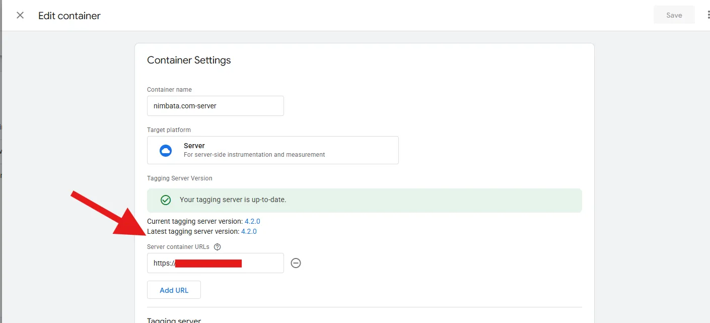 Container Settings with the Server container URLs field marked.