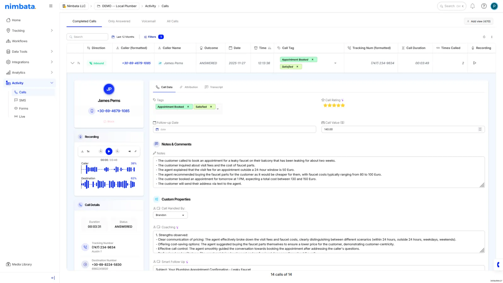 An expanded call in Activity > Calls: AI tags Appointment Booked and Satisfied, a five-star Call Rating, a Call Value of 140.00, AI notes, and the Coaching and Smart Follow Up fields.