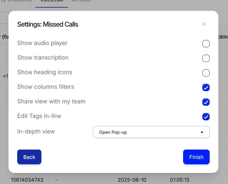 The Settings: Missed Calls dialog with the view options, the In-depth view set to Open Pop-up, and Finish.