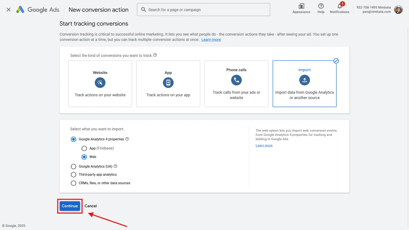Import selected, with Google Analytics 4 properties and Web chosen, and Continue marked.