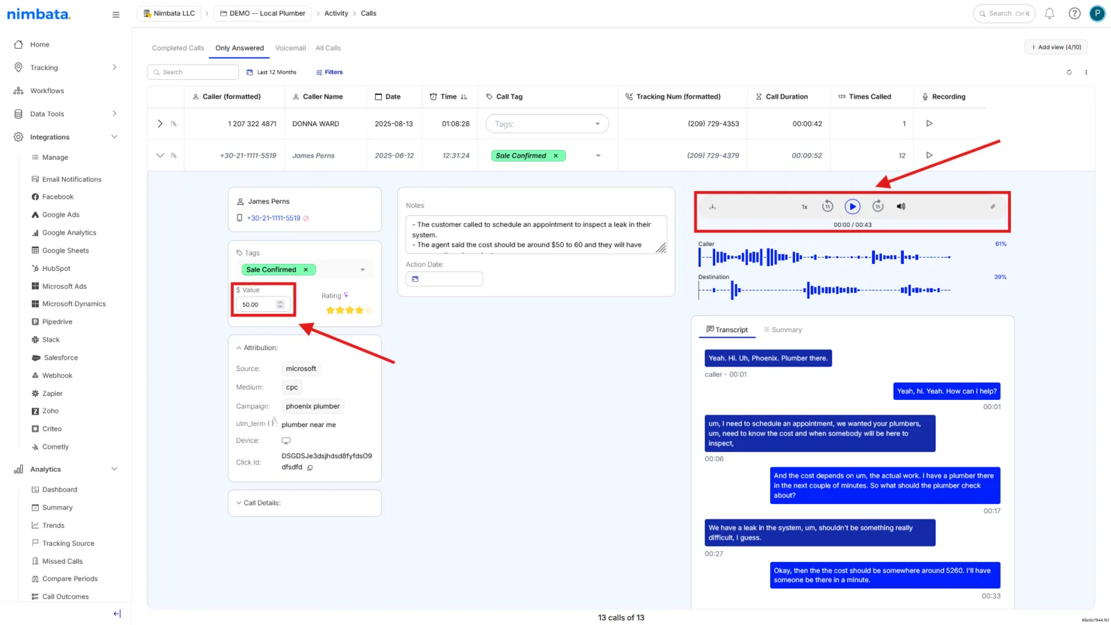 An expanded call with the recording player and the Value field (50.00) marked.
