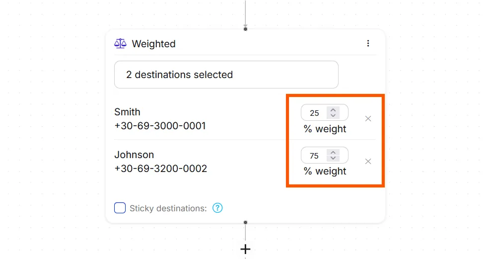 Adjust the percentage slider for each destination so the total equals 100%.