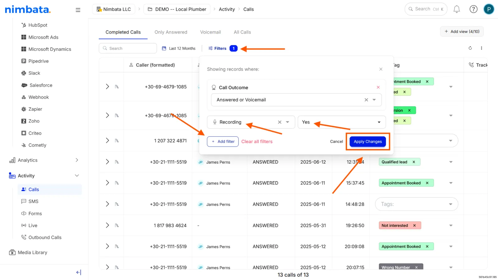 The Filters panel with a Call Outcome filter and a Recording filter set to Yes, and Apply Changes marked.