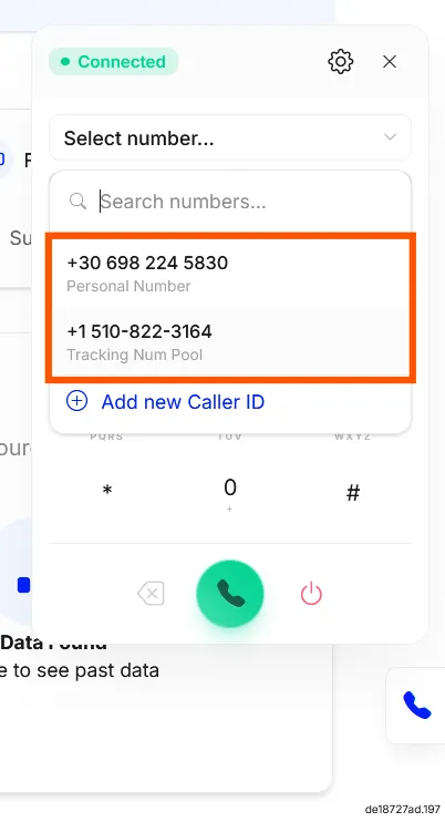 The softphone’s Select number list with a verified Personal Number and a Tracking Num Pool number.