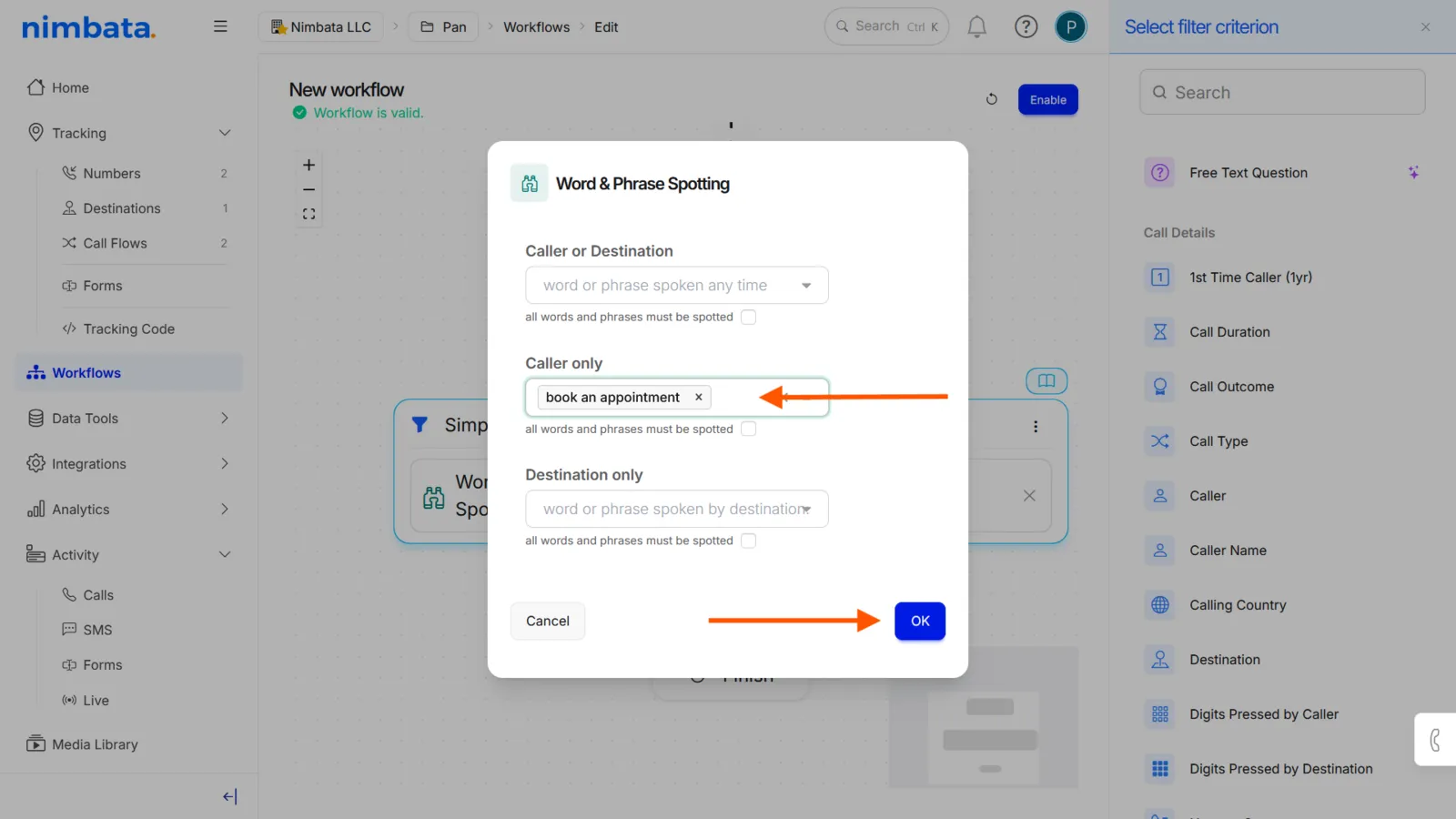 The Word & Phrase Spotting dialog with Caller or Destination, Caller only and Destination only fields, “book an appointment” entered under Caller only, and OK marked.