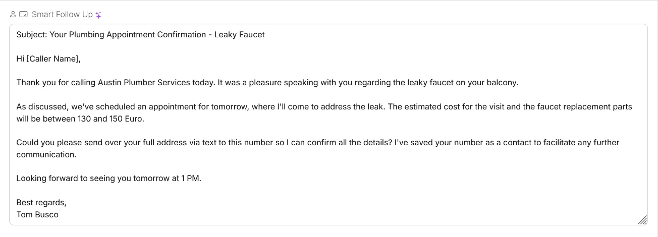 The Smart Follow Up field of a call: an appointment confirmation email with subject line, greeting, summary and next steps.