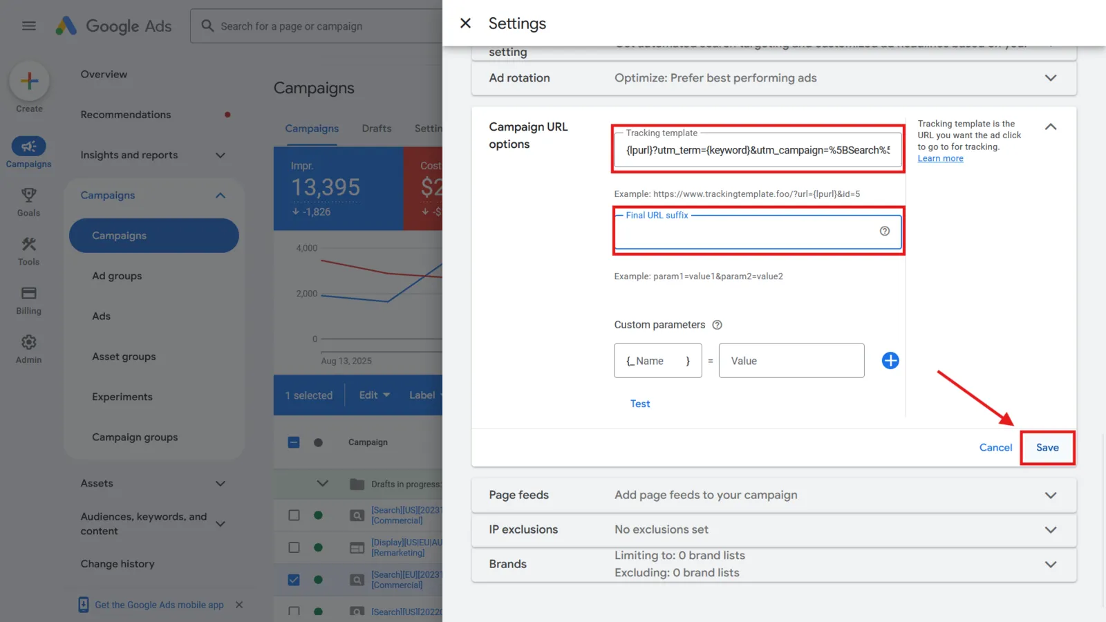 The Campaign URL options with the Tracking template and Final URL suffix fields, and Save marked.