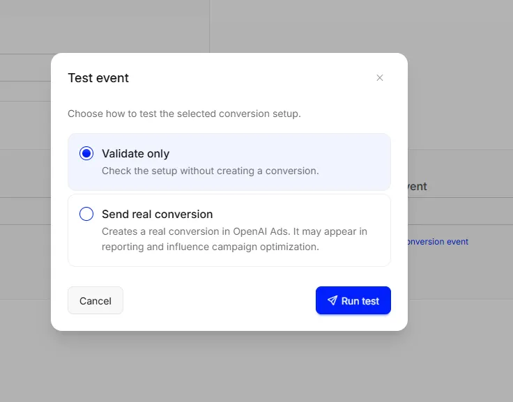 The Test event dialog with Validate only selected and Run test.