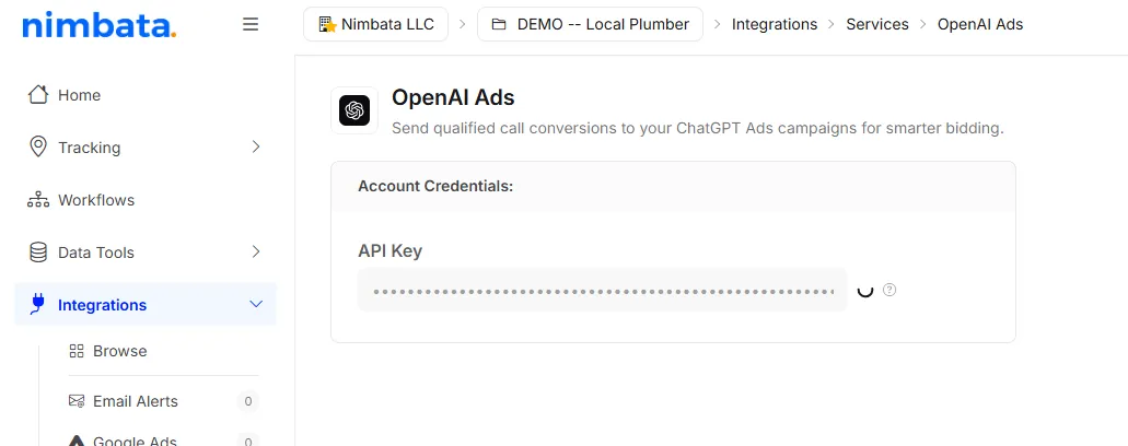 The OpenAI Ads integration in Nimbata with the API key pasted in the API Key field.