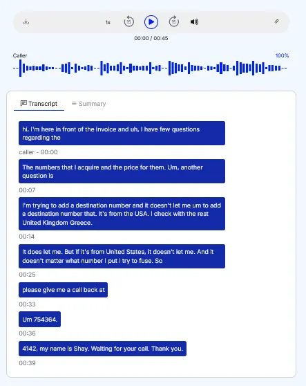 The call’s audio player above the Transcript and Summary tabs, with the transcript shown.