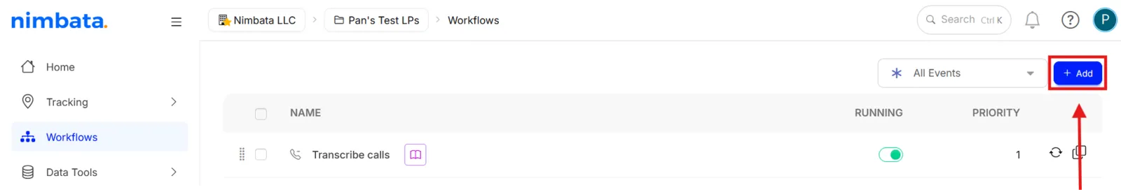 The Workflows list with the + Add button marked.