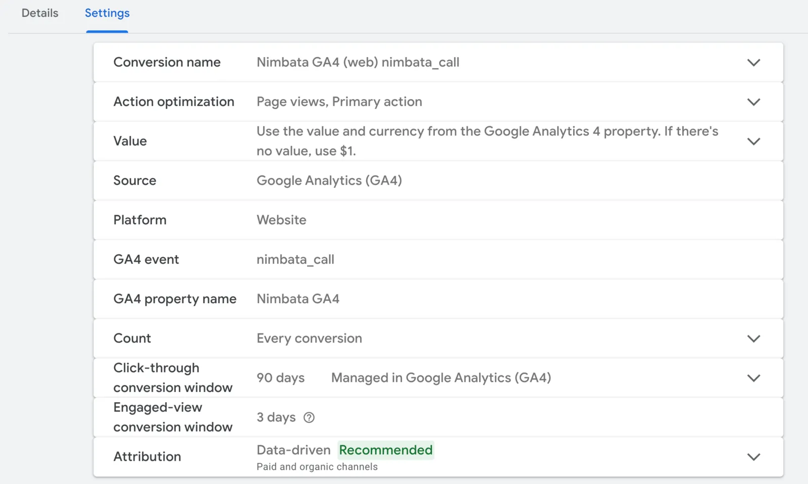 The Settings tab of an imported conversion: Conversion name, Action optimization, Value, Source Google Analytics (GA4), GA4 event nimbata_call, Count, conversion windows and Attribution.