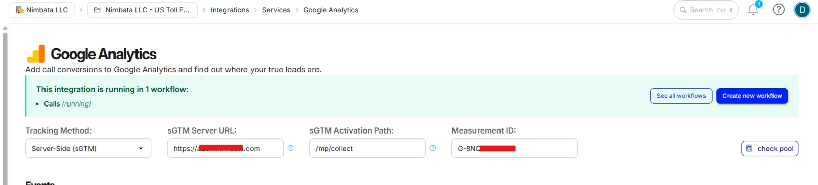 The Google Analytics integration with Tracking Method set to Server-Side (sGTM), and the sGTM Server URL, sGTM Activation Path and Measurement ID fields filled in.