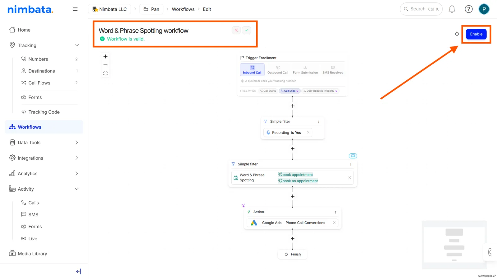 The Word & Phrase Spotting workflow: a Recording is Yes filter, a Word & Phrase Spotting filter, and a Google Ads action, with the renamed title and the Enable button marked.