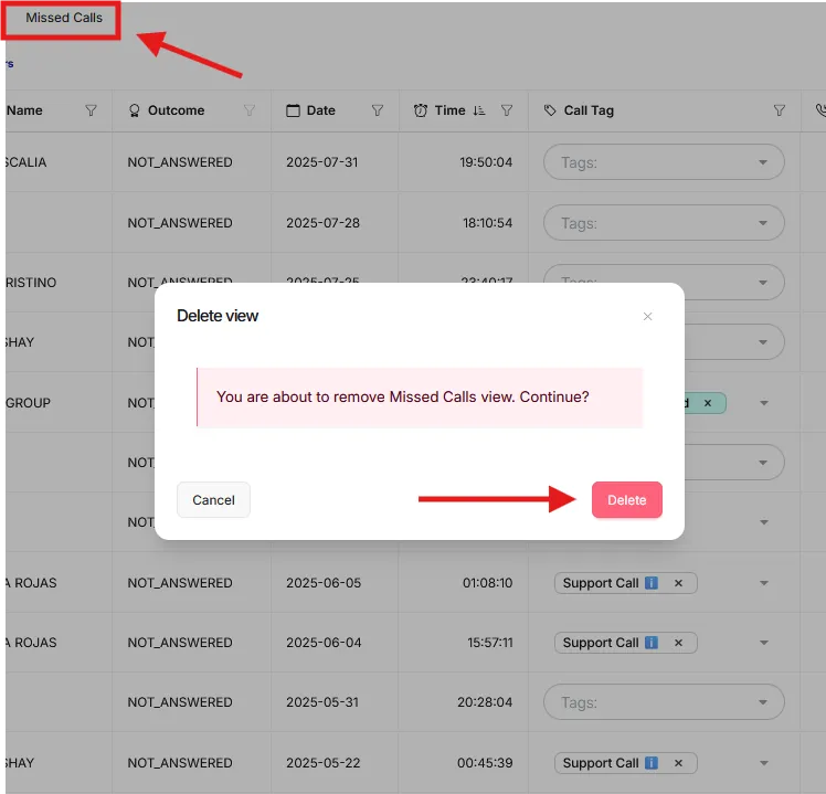 The Delete view dialog asking to remove the Missed Calls view, with Delete marked.
