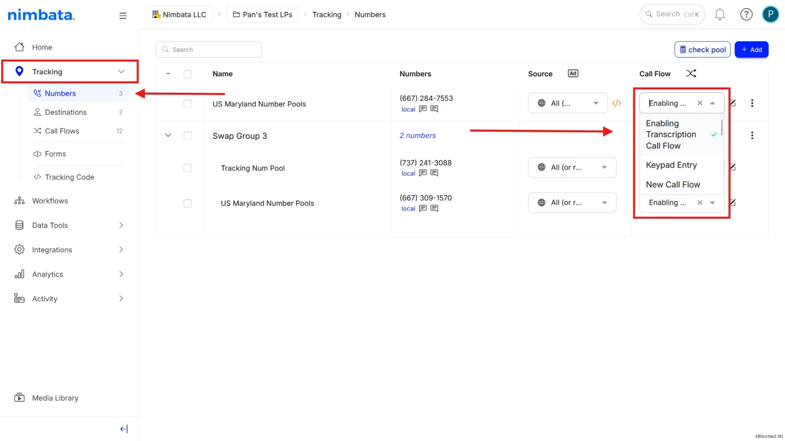 Tracking > Numbers with a tracking number’s Call Flow menu open on the Enabling Transcription Call Flow.