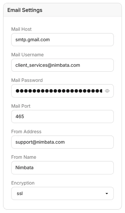 The Email Settings panel with Mail Host, Mail Username, Mail Password, Mail Port, From Address, From Name and Encryption.