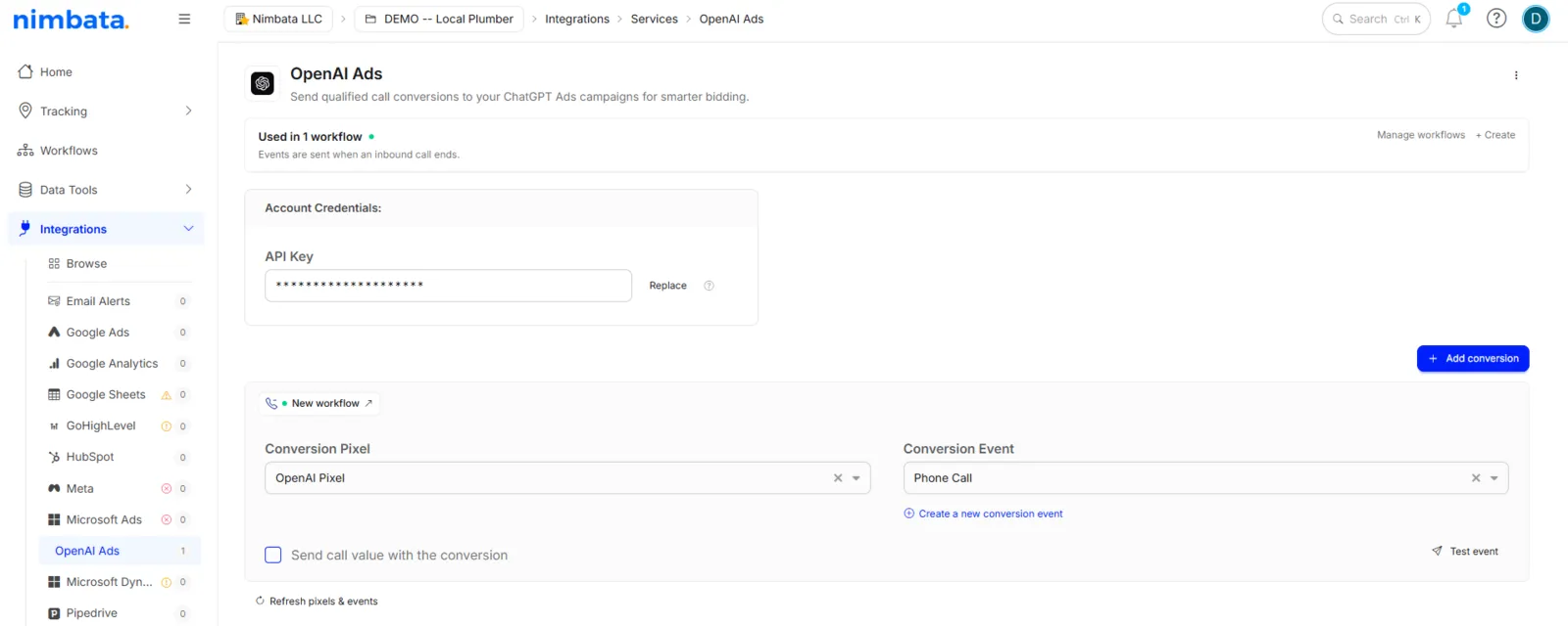 The OpenAI Ads integration used in 1 workflow, with events sent when an inbound call ends, and the OpenAI Pixel and Phone Call conversion.