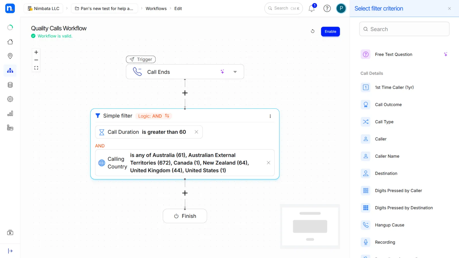 A Simple filter with Call Duration is greater than 60 AND Calling Country is any of Australia, Australian External Territories, Canada, New Zealand, United Kingdom and United States, beside the Select filter criterion panel.